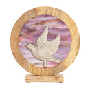 14" W Bird Theme Round Decorative Stained Glass & Metal Stand with Wood Frame