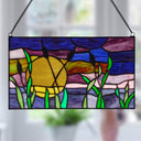 8.25"H Purple Cattails at Sunset Stained Glass Window Panel