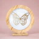 14" W Butterfly Theme Round Decorative Stained Glass & Metal Stand with Wood Frame