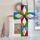 15" H Tiffany-Style Cross Stained Glass Window Panel hanging against a blurred indoor background