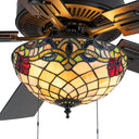 52" W Westley Tiffany Stained Glass Ceiling Fan with Remote Control. Close up of shade lit