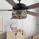 52"W LED Dixsie 5-Blade Woodgrain Caged Farmhouse Ceiling Fan in a living room