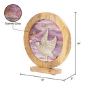 14" W Bird Theme Round Decorative Stained Glass & Metal Stand with Wood Frame