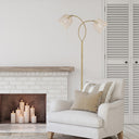 61"H Gold-Color Metal Floor Lamp with Rattan Shades