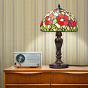 17" H Genevieve Red Flowers Stained Glass Candlestick Table Lamp
