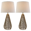 August Set of Two 22" High Tan Rattan and Brushed Nickel Iron Urn-Shaped Table Lamps with White Fabric Drum-Shaped Shades