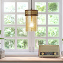 6.5" 1-Light Gold Pendant Light with Textured Glass Brown Mango Wood and Amber Glass Cylinder Shade