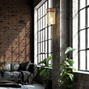 6.5" 1-Light Gold Pendant Light with Textured Glass Brown Mango Wood and Amber Glass Cylinder Shade