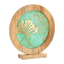 14" W Ginkgo Leaf Theme Round Decorative Stained Glass & Metal Stand with Wood Frame
