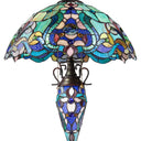 24" H Margaret Double Lit Teal Tiffany Style Stained Glass Table Lamp. Close up of shade. Low camera angle looking up.