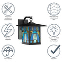 River of Goods Aqua and Amber Stained Glass and Black 1-Light Outdoor Lantern Wall Sconce