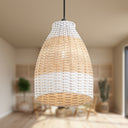 7.5" W Beachy White and Tan Dome Shade Rattan Pendant