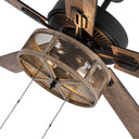 52"W LED Dixsie 5-Blade Woodgrain Caged Farmhouse Ceiling Fan. Close up of shade lit