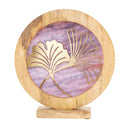 14" W Ginkgo Leaf Theme Round Decorative Stained Glass & Metal Stand with Wood Frame