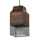 1-Light Black Metal Cage and Brown Wood Pendant
