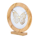 14" W Butterfly Theme Round Decorative Stained Glass & Metal Stand with Wood Frame