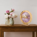 14" W Ginkgo Leaf Theme Round Decorative Stained Glass & Metal Stand with Wood Frame