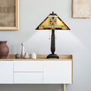 24" H Winslow Tiffany-Style Stained Glass Empire Shade Candlestick Table Lamp, set on a light wood console table against a white wall.