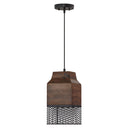 1-Light Black Metal Cage and Brown Wood Pendant