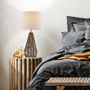 August Set of Two 22" High Tan Rattan and Brushed Nickel Iron Urn-Shaped Table Lamps with White Fabric Drum-Shaped Shades