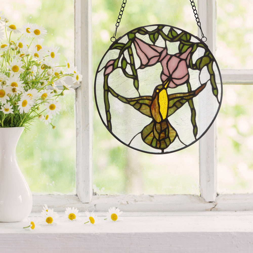 River of Goods Hummingbird with Hibiscus Flowers Stained Glass Window Panel