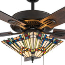 52"W LED Orson Craftsman Stained Glass 5-Blade Ceiling Fan with Remote Control. Close up of shade lit