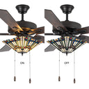 52"W LED Orson Craftsman Stained Glass 5-Blade Ceiling Fan with Remote Control. Comparison between lit and unlit