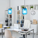 7" W Payton Retro Blue Hand Blown Glass Globe Shade Pendant Light with Hand Cut Honeycomb Design
