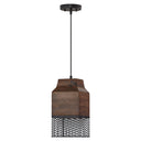 1-Light Black Metal Cage and Brown Wood Pendant