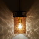 6.5" 1-Light Gold Pendant Light with Textured Glass Brown Mango Wood and Amber Glass Cylinder Shade
