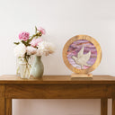 14" W Bird Theme Round Decorative Stained Glass & Metal Stand with Wood Frame
