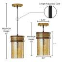 6.5" 1-Light Gold Pendant Light with Textured Glass Brown Mango Wood and Amber Glass Cylinder Shade