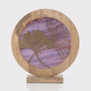 14" W Ginkgo Leaf Theme Round Decorative Stained Glass & Metal Stand with Wood Frame