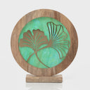 14" W Ginkgo Leaf Theme Round Decorative Stained Glass & Metal Stand with Wood Frame