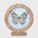 14" W Butterfly Theme Round Decorative Stained Glass & Metal Stand with Wood Frame