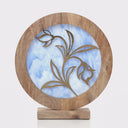 14" W Floral Theme Round Decorative Stained Glass & Metal Stand with Wood Frame