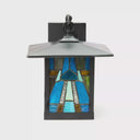 Aqua and Amber Stained Glass and Black 1-Light Outdoor Lantern Wall Sconce