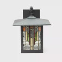 Red Stained Glass and Black 1-Light Outdoor Lantern Wall Sconce