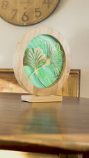 14" W Ginkgo Leaf Theme Round Decorative Stained Glass & Metal Stand with Wood Frame