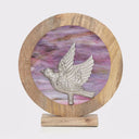 14" W Bird Theme Round Decorative Stained Glass & Metal Stand with Wood Frame