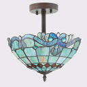 13" H Amelia Blue and Amber Stained Glass Shade Traditional Semi-Flushmount Ceiling Light