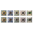 12" H Multicolor Set of Five Stained Glass Mini Accent Lamps. Top down view comparison with top row on and bottom row off.