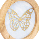 14" W Butterfly Theme Round Decorative Stained Glass & Metal Stand with Wood Frame