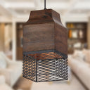 1-Light Black Metal Cage and Brown Wood Pendant