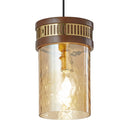 6.5" 1-Light Gold Pendant Light with Textured Glass Brown Mango Wood and Amber Glass Cylinder Shade