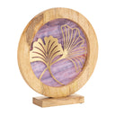 14" W Ginkgo Leaf Theme Round Decorative Stained Glass & Metal Stand with Wood Frame