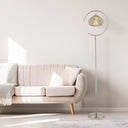63.75"H Brushed Nickel Iron Floor Lamp & Tan Rattan Shade