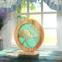 14" W Ginkgo Leaf Theme Round Decorative Stained Glass & Metal Stand with Wood Frame