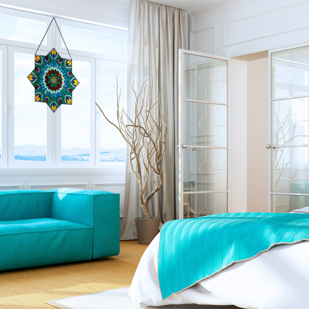 River of Goods Tiffany Style Stained Glass Peacock Star Window Panel - Thumbnail 4
