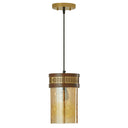 6.5" 1-Light Gold Pendant Light with Textured Glass Brown Mango Wood and Amber Glass Cylinder Shade